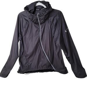 Nike Shield Running Jacket M Black Hooded Windbreaker Zip Water Resistant